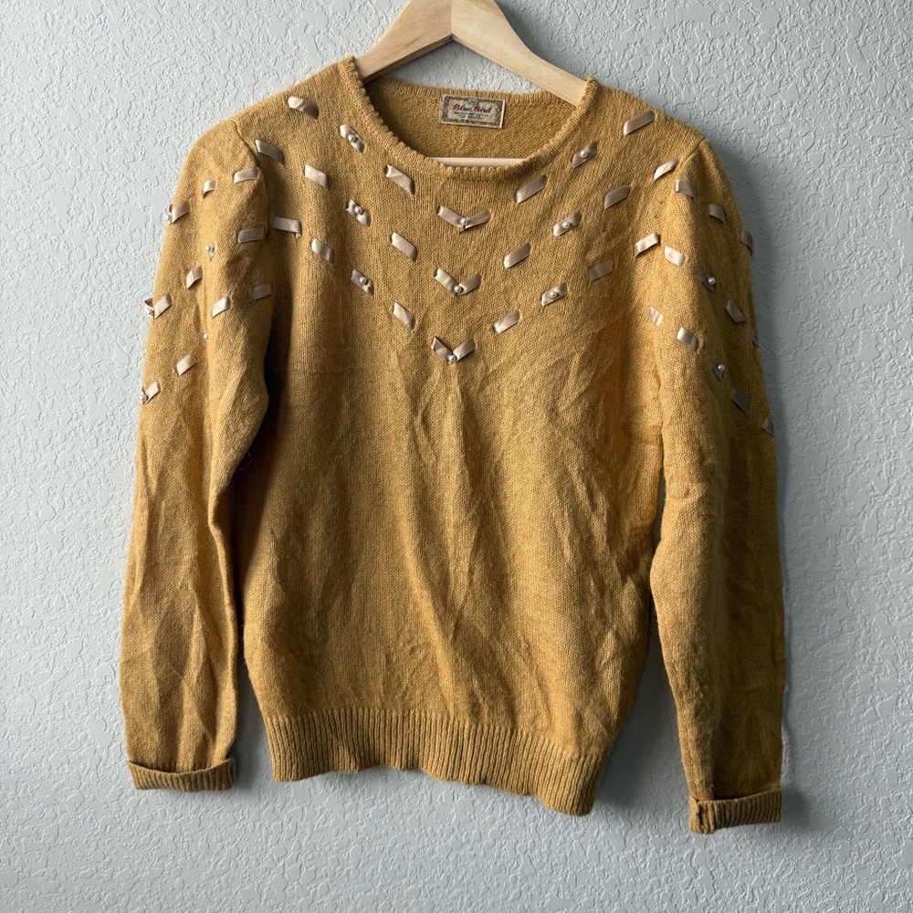 Blue Bird Vintage‎ Mustard Sweater with Ribbon and Pearl Accents